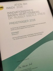 Pinon-Urkunde »Innovationspreis des Landes Baden-Württemberg« 2016